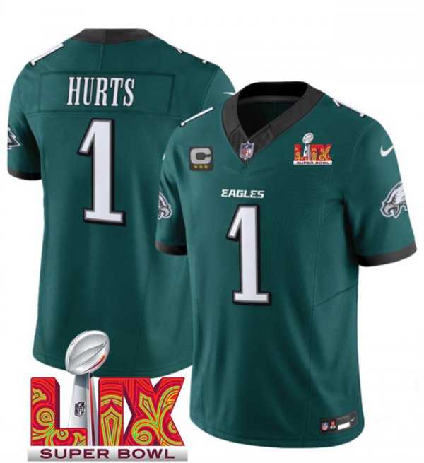 Men's Philadelphia Eagles #1 Jalen Hurts Green Super Bowl LIX F.U.S.E. Vapor Untouchable Limited Stitched Jersey